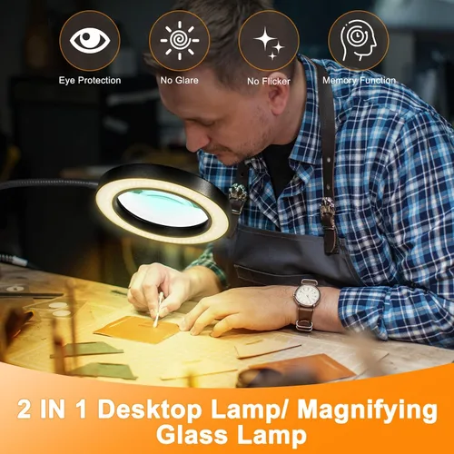 Vista 2 de Lupa de doble lente 20X/10X con luz y temporizador, lupa de lente combinada con luz, 3 modos de color, lámpara de escritorio con aumento 2 en 1