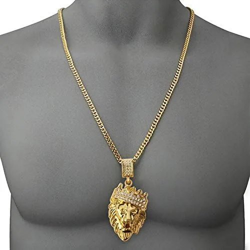 Vista 7 de Hip Hop Jewelry - Colgante de cabeza de león con corona de oro, diamantes de imitación transparentes, juego de puntas de diamantes, cadena cubana