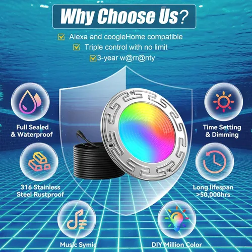 Vista 3 de Luces de piscina LED WiFi Spa de 60 pies y 6 pulgadas para piscina enterrada con triple control (control remoto/aplicación/controlador), luz