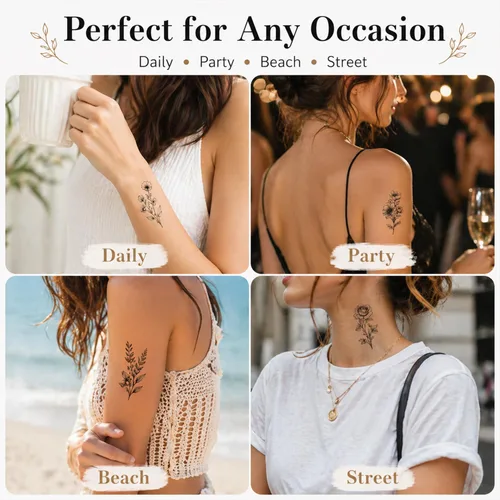 Vista 4 de 50 hojas de tatuajes temporales de ramas pequeñas de flores negras para mujeres y niñas, ramo de flores pequeñas, tatuaje temporal de plantas