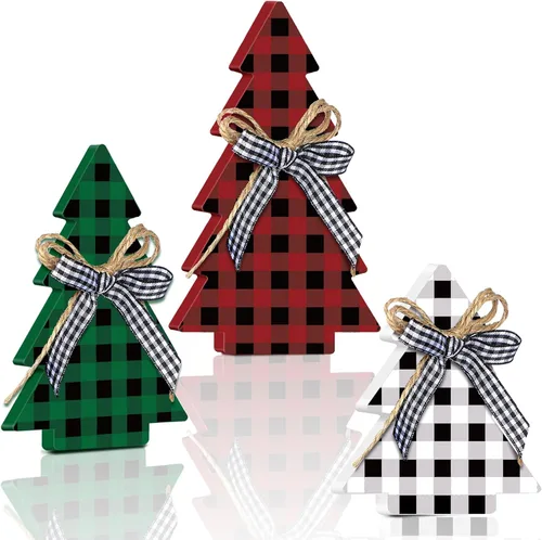 Vista 7 de Yookeer Decoración Navideña 3 Piezas Mesa de Madera Rústica Árbol de Navidad Granja Centro de Mesa de Madera Navideño para Mesa Pequeña Árboles