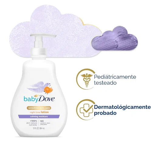 Vista 3 de Baby Dove - Loción para bebé para piel sensible de cuidado calmante con fragancia, hidratación hipoalergénica y probada por dermatólogos, 13 onzas