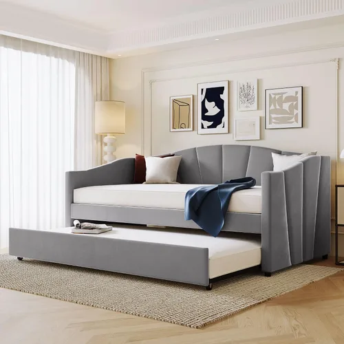 Vista 3 de Sofá cama nido con cama nido, tamaño individual, tapizada, de tela, marco de tablillas, soporte para dormitorio, sala de estar, no necesita caja