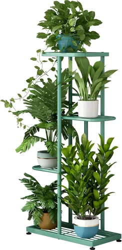 Vista 20 de LINZINAR Soporte de metal para plantas de 4 niveles y 5 macetas, estante múltiple para macetas para interiores y exteriores, unidad de estantería