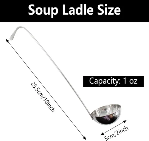 Vista 2 de 2 cucharones de sopa de acero inoxidable de 10 pulgadas con mango largo para cocina, cocina, sopa, salsa (1 onza)