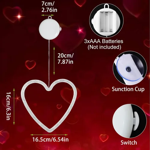 Vista 7 de 3 luces de ventana para el día de San Valentín, decoración de ventana con forma de corazón rojo, funciona con pilas, luces románticas colgantes