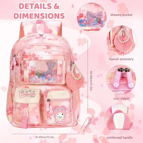 Vista 3 de Mochila infantil para niñas, mochila escolar de dibujos animados para estudiantes de escuela secundaria primaria, bolsa de libros para niños Kawaii