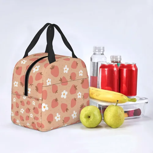 Vista 7 de Bolsa de almuerzo con aislamiento de fresas y flores, bolsa reutilizable para el regreso a clases, contenedor portátil para niños y niñas, cajas