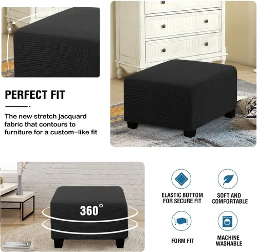 Vista 5 de ADPON Fundas otomanas cuadradas, fundas otomanas, protector de taburete de almacenamiento plegable, parte inferior elástica, tela jacquard de Negro