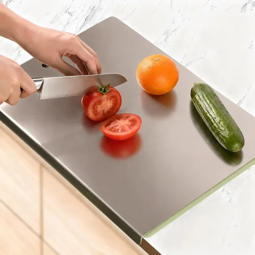 Vista 13 de Tablas de cortar grandes de acero inoxidable para cocina, tablas de cortar con alfombrilla antideslizante azul, tabla de cortar con borde