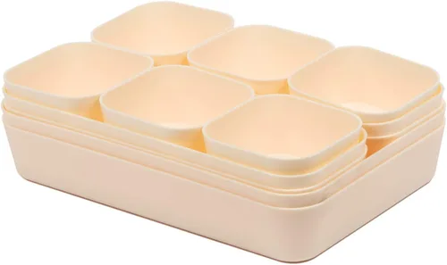 Vista 4 de Juego de 12 organizadores de cajones de escritorio de plástico de color beige para maquillaje, baño, oficina, cocina, cajón, caja de almacenamiento