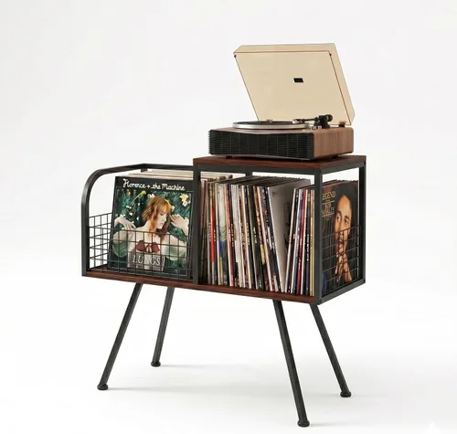 Vista 16 de Record Player Stand with Storage Holds 100+ Vinyl Records, Industrial Turntable Stand with Storage Shelf, LP Album Organizer Cabinet for Small Negro