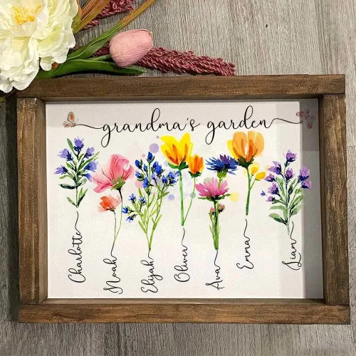 Vista 4 de Nazenti Letrero personalizado con marco de jardín de la abuela con nombres de nietos y flor de nacimiento para regalo del día de la madre, regalos