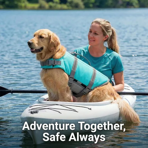 Vista 5 de Doglay Chaleco salvavidas para perros con asa de rescate, chaleco salvavidas para perros para nadar en barco, chaleco de natación reflectante Azul