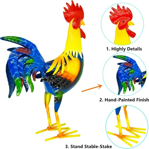 Vista 2 de MACLARONX Arte de gallo de metal para patio, decoración de jardín al aire libre, gallo, estatua de pollo, decoración para cocina, hogar, césped