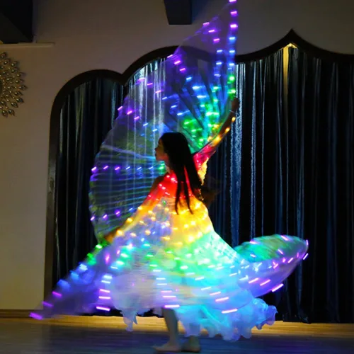 Vista 8 de MOTUZP Alas iluminadas que brillan en la danza de ángel para niñas, alas de baile de ángel con palos iluminados, disfraces de danza del vientre