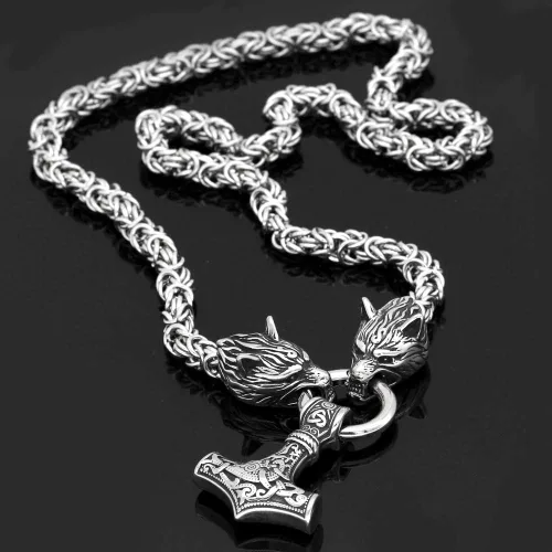 Vista 3 de GuoShuang Wolf Head with Thor Mjolnir Pendant Necklace Stainless Steel - King Chain