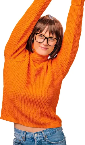 Vista 4 de Suéter de cuello alto naranja para mujer, otoño, para parejas, de gran tamaño, cosplay, disfraces de Halloween