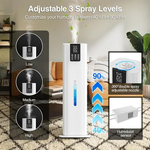 Vista 5 de Honovos Smart Humidifiers Large Room Bedroom Home, 2.11Gal(8L) Quiet Top Fill Cool Mist Humidifier, White, JXW-786