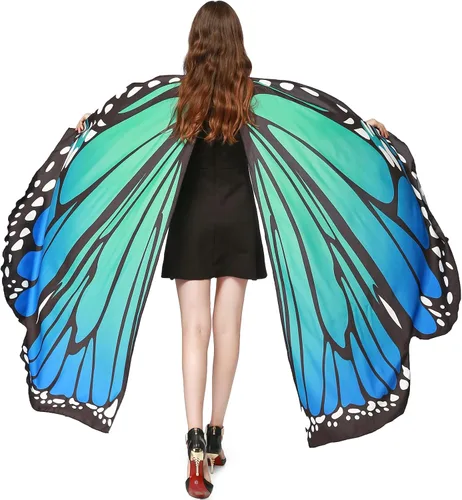 Vista 2 de GRAJTCIN Chal de alas de mariposa para mujer, 3 piezas, disfraz de hada de Halloween, capa festiva con antenas y máscara