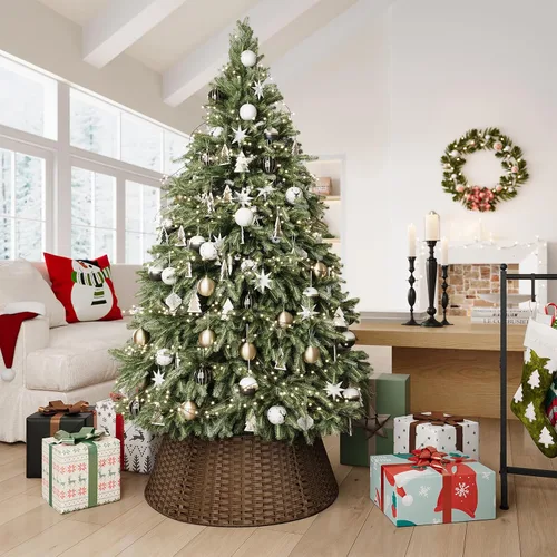Vista 7 de Collar de mimbre para árbol de Navidad, cubierta de base de árbol PP marrón plano