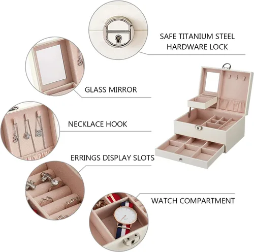 Vista 5 de goldwheat Joyero organizador de cuero de dos capas con espejo de cerradura para mujeres y niñas, estuche de viaje, almacenamiento de exhibición