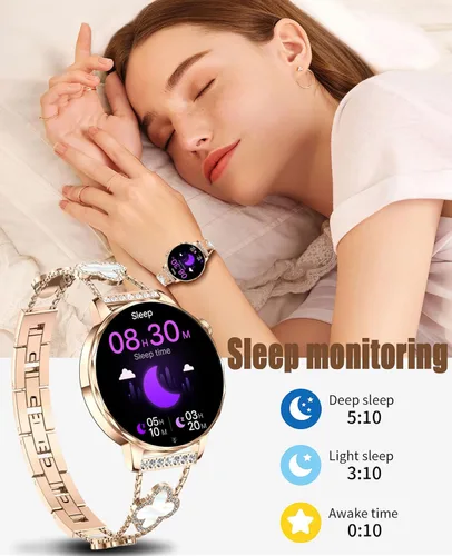 Vista 5 de Reloj inteligente para mujer con pantalla táctil HD de 1.27 pulgadas, reloj de fitness, notificaciones de llamadas y mensajes Bluetooth, monitor