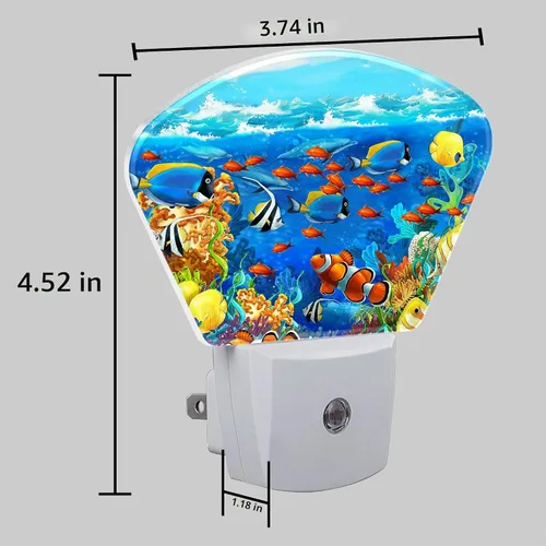 Vista 5 de Luz nocturna submarina de dibujos animados para niños, luz nocturna LED de peces tropicales, enchufable a la pared con sensor de atardecer a