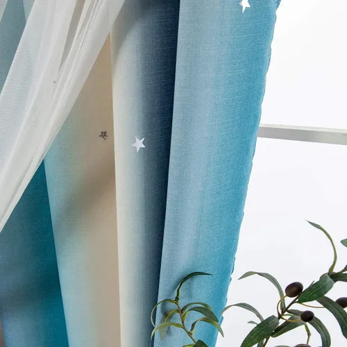 Vista 7 de vctops Cortinas opacas con diseño de rayas degradadas para ventana, de doble capa, de tul, cortinas recortadas con estrellas para dormitorio de Azul