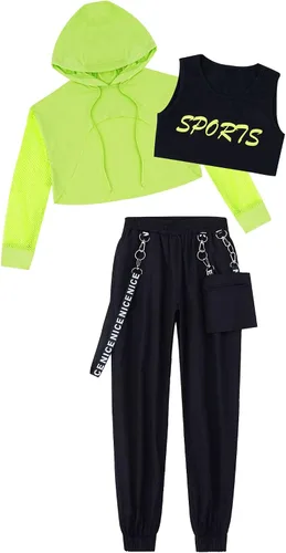 Vista 2 de Girls Dance Outfits Cropped Hoodie Tank Tops Jogger Pants Set Hip Hop Jazz Street Dancing Clothes