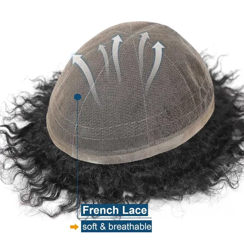 Vista 3 de HAPPY&CC Manejar cabello afro unidad negro hombres cabello humano toupee peluca francesa encaje pieza de pelo sistema de reemplazo para hombres #1