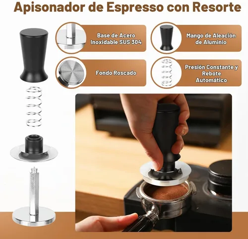 Vista 2 de Kit de Tamper de Espresso de 51 mm - Tamper de Café con Resorte, Nivelador Ajustable de Distribuidor de Espresso, Embudo Dosificador Magnético