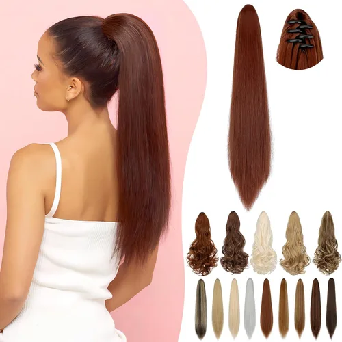 Vista 29 de Extensión de cola de caballo de 18 pulgadas, 20 pulgadas, larga, rizada, ondulada, recta, con clip, de aspecto natural, extensión de cabello