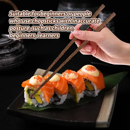 Vista 2 de 5 pares de palillos de entrenamiento reutilizables para principiantes entrenadores, paquete de palillos de madera japoneses y juego de ayudante