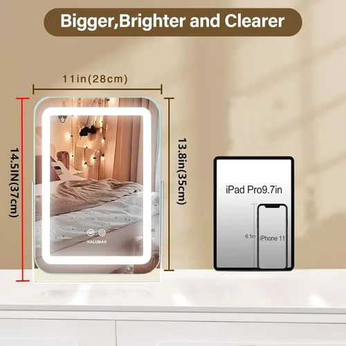 Vista 2 de halumao Espejo de tocador con luces, espejo de maquillaje iluminado de 14.5 pulgadas, espejo de maquillaje LED con luces para mesa de dormitorio