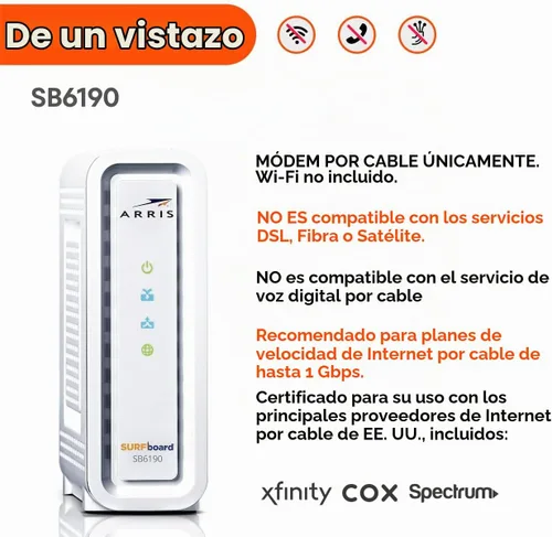 Vista 5 de ARRIS (SB6190) - Cable módem - DOCSIS 3.0 32x8 Gigabit Modem, [Consulte con su proveedor la compatibilidad] Puerto de 1 Gbps, velocidad máxima