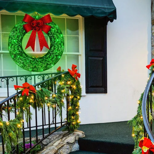 Vista 3 de Coronas de Navidad con lazo y luces alimentadas por pilas, corona de luz LED cálida, suministros de fiesta, regalo de inauguración de la casa