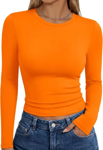 Vista 8 de Trendy Queen Camisetas de manga larga para mujer, camisetas básicas de Verde militar