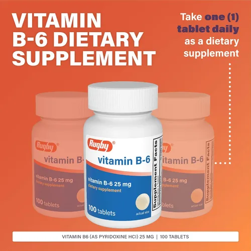 Vista 3 de Rugby Vitamina B-6 Tabletas – 25 mg de vitamina B6 – Suplemento dietético – 100 unidades (1 paquete)