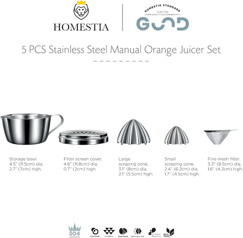 Vista 9 de Homestia Exprimidor manual de cítricos de acero inoxidable – Exprimidor de toronja de naranja limón con 2 conos desmontables, cuenco de 14 onzas