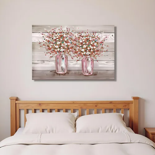 Vista 3 de RyounoArt Cuadros florales rosados para decoración de pared, flores rosas y grises en jarrón, pintura artística de granja, decoración de granja