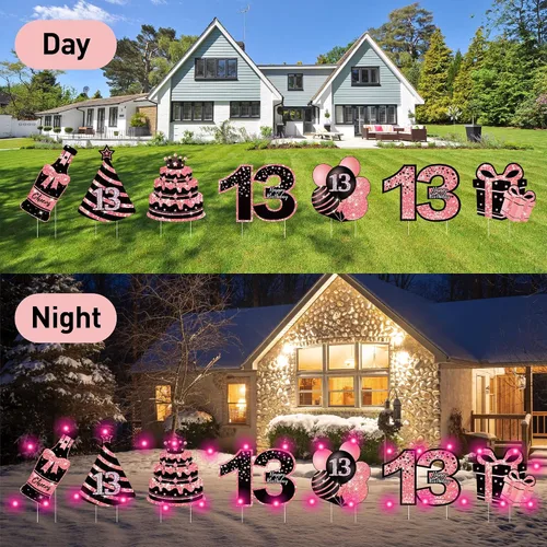 Vista 3 de Decoraciones de cumpleaños número 13 para niñas - 7 piezas de letreros de cumpleaños rosas para el patio con estacas, 2 piezas de luces LED Rosa 13