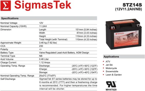 Vista 3 de Yuasa YTZ14S - Batería de motocicleta AGM sellada de plomo ácido compatible por SigmasTek, STZ14S 230CCA