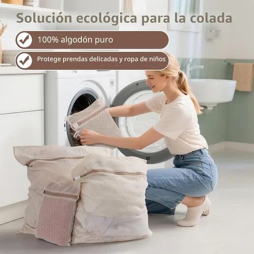 Vista 3 de Bolsas de lavandería de malla 100% algodón, suaves de primera calidad, sin tinte, juego de 4, naturales