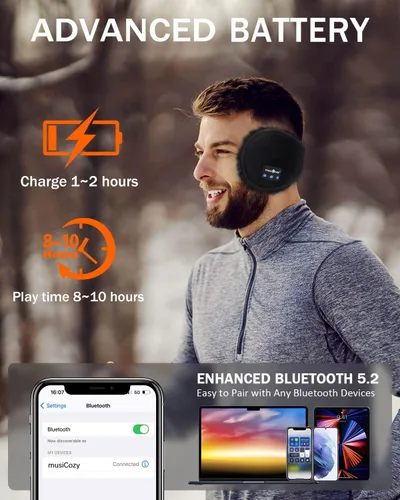 Vista 5 de MUSICOZY Orejeras Bluetooth para invierno mujeres hombres niños niñas calentadores de oídos auriculares inalámbricos altavoces HD integrados