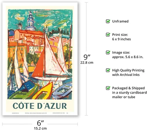 Vista 2 de Côte D'Azur - Menton France - Póster de viaje vintage por Roger Marcel Limouse c.1965 - Impresión artística maestra (sin marco) 6 x 9 pulgadas
