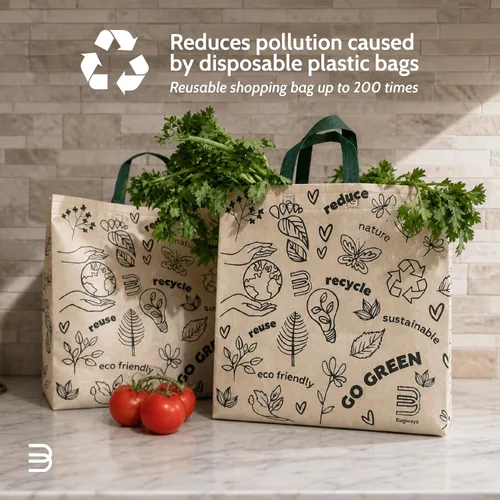 Vista 2 de Bagways Paquete de 30 bolsas de compras reutilizables con asas, duraderas, plegables, lavables, ecológicas, de 14x6.5x14 pulgadas, diseño beige/verde