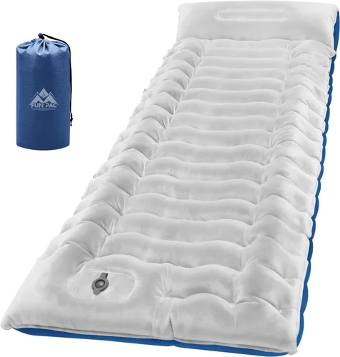Vista 14 de FUN PAC Almohadilla de dormir para acampar con almohada Bomba de pie incorporada Esterilla de dormir inflable compacta para acampar mochilero Azul