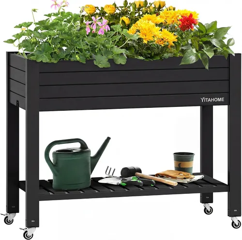 Vista 15 de YITAHOME Cama de jardín elevada de polietileno de alta densidad, 47 x 18 x 31 pulgadas, maceta elevada de madera de polietileno resistente a