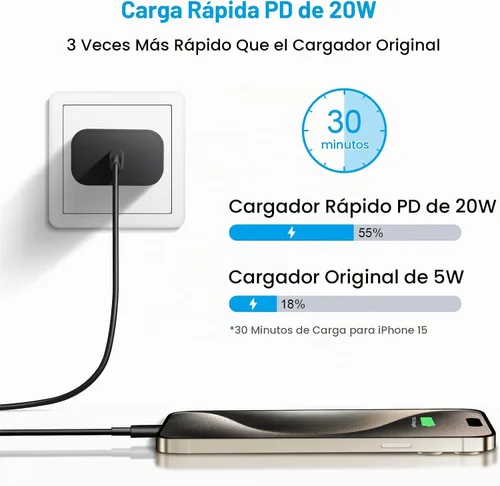 Vista 2 de Cargador para iPhone 17 16 15 Carga Rápida 6FT - 20W USB C Cargador Bloque con cable tipo C a C de 6 pies compatible con iPhone 17/17 Pro/17 Pro